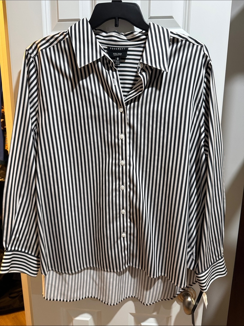 Women’s 22W Foxcroft Black & White Vertical Stripe Button-Down Shirt